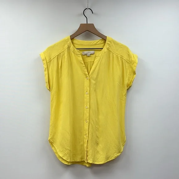 Ann Taylor LOFT Woven Gauze Button Down Dolman Sleeve Linen Shirt Yellow XS - Picture 2 of 8